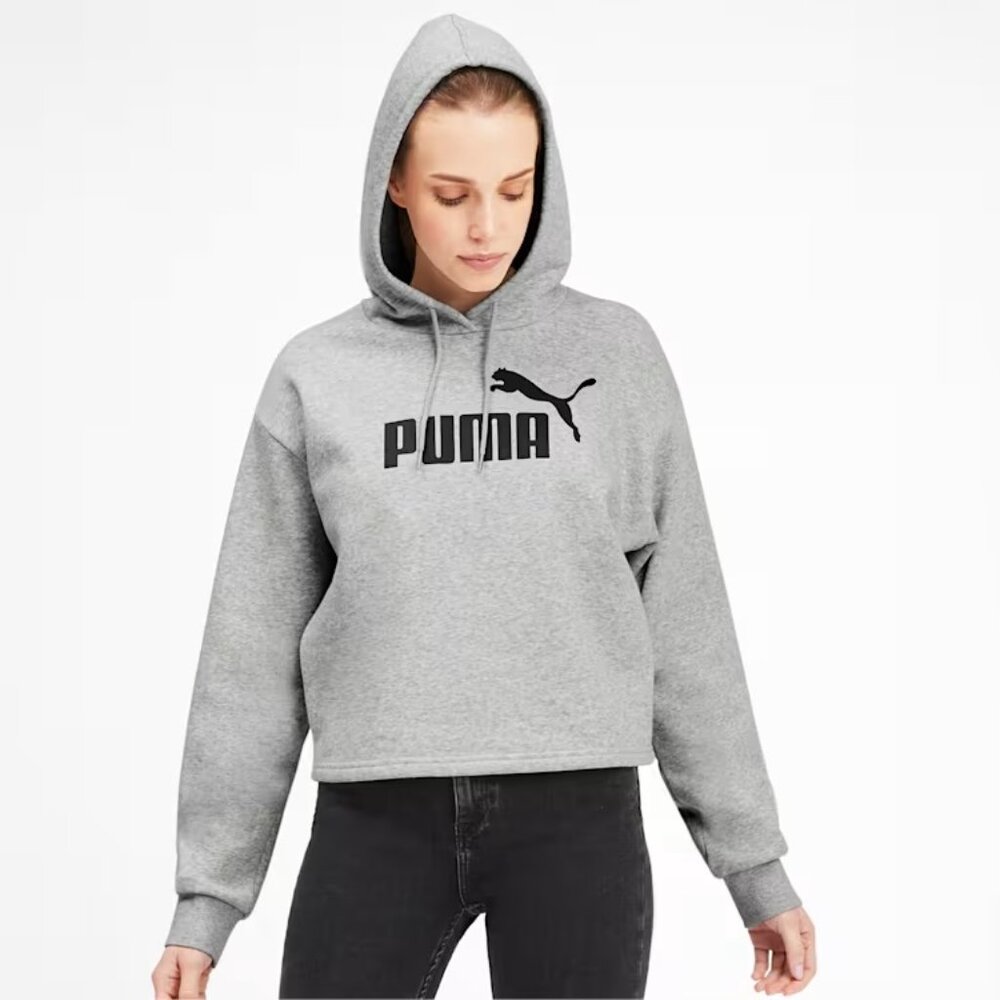 PUMA Elevated Essentials Crop Cozy Loose Fit Fleece Pullover Drawstring Hoodie